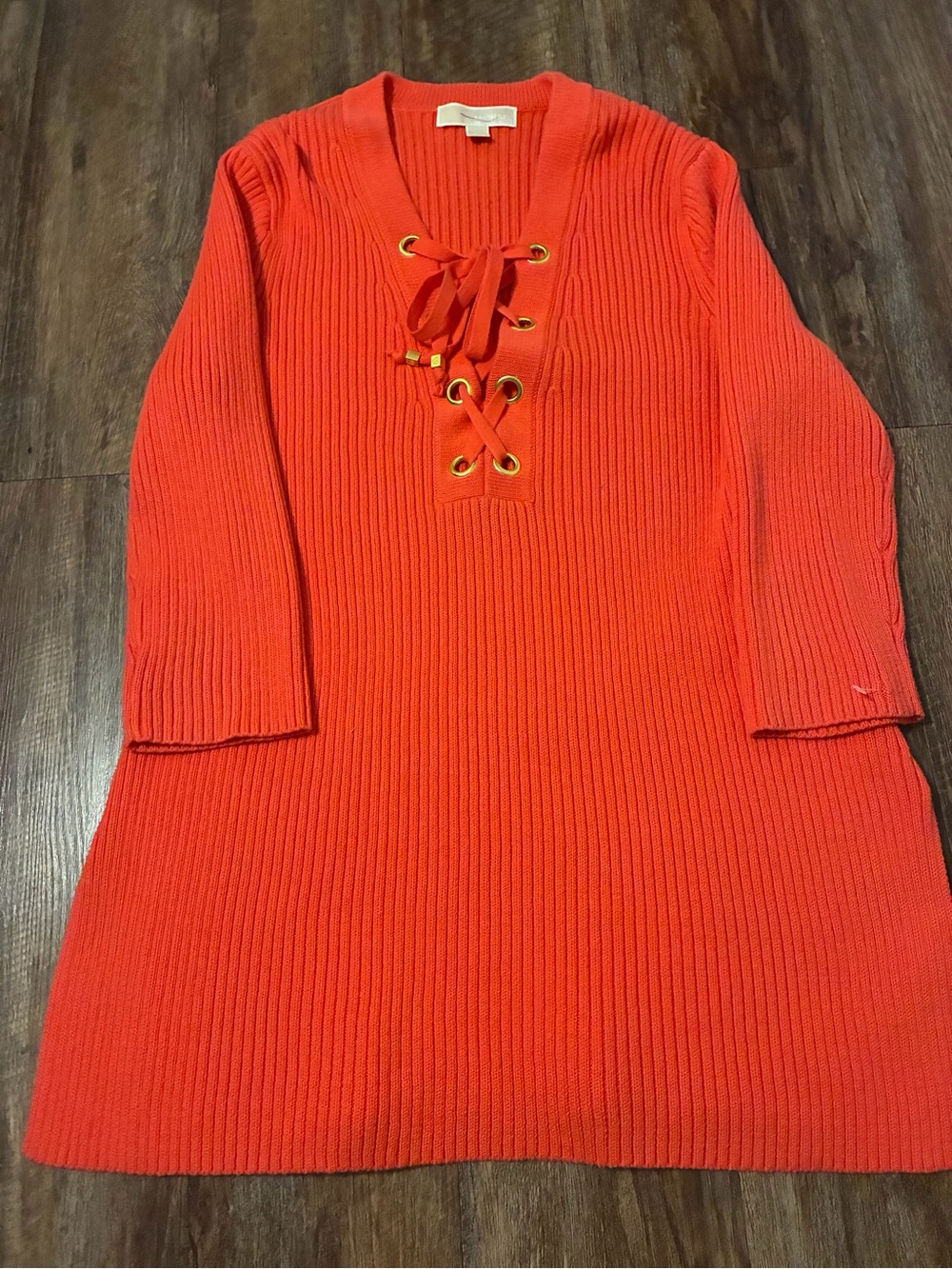 Michael Kors Cabin Core Lace-Up Ribbed Long Sleeve Orange-Red Sweater XL